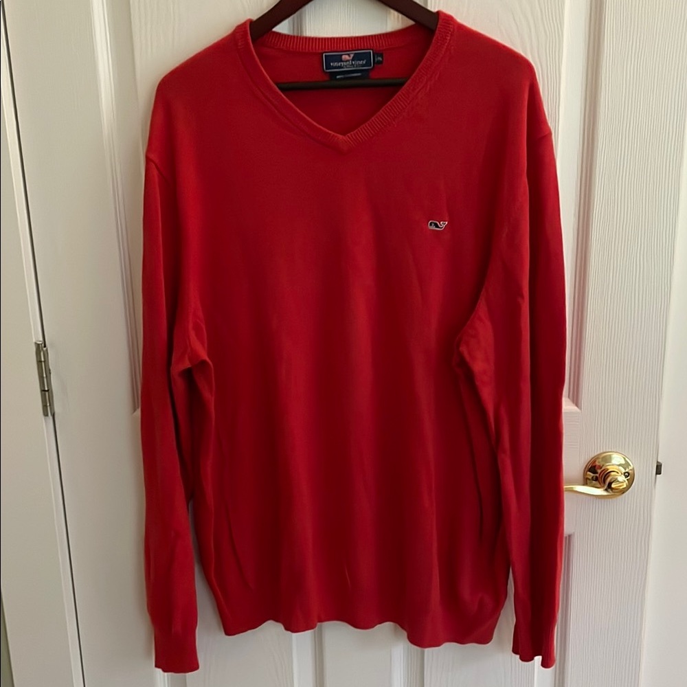 Vineyard Vines Red V-Neck Sweater with Ribbed Detailing